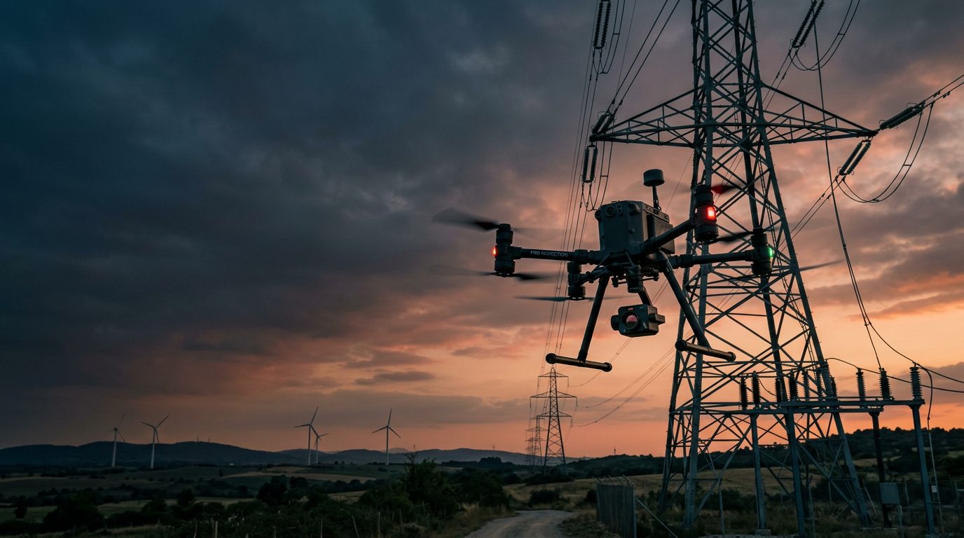 Industrial inspection drone flying alongside high-voltage transmission towers at dusk